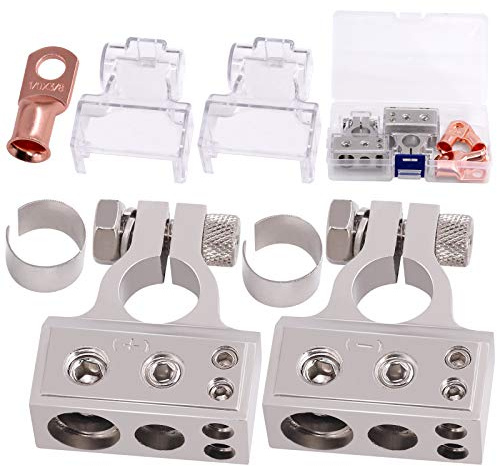 Rustark 1 Pair Battery Terminal Connectors Kit 0/4/8/10 AWG Gauge Positive and Negative with 2 Clear Covers and Shims for Car Auto Caravan Marine Boat (Silver）