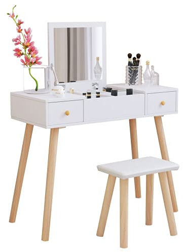 Coiffeuse avec Miroir Pliable et Tabouret, Table de Maquillage avec 2 Tiroirs 5 Compartiments de Rangement, Style Scandinave, Blanc