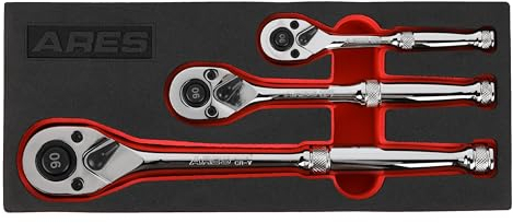 ARES 42048,3-teiliges Ratschen-Set mit 90 Zähnen, hochwertige Chrom-Vanadium-Stahl-Konstruktion und hochglanzpoliertes Finish, umkehrbar, mit 4 Grad Schwung