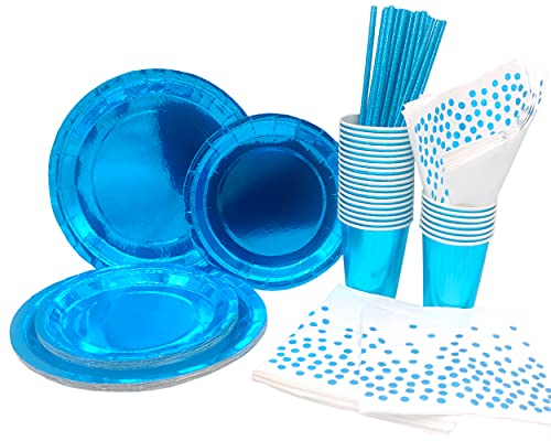 INHEMING 99 Pcs Vaisselle Jetable Anniversaire Bleu,Compris Assiettes en Carton Tasses Serviette Papier Paille, pour Enfants Party Fête Baby Shower (25 Invités)