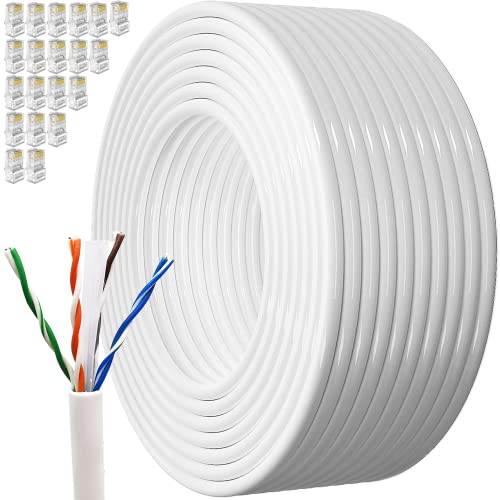 Cable Ethernet 100 Metros, Cat 6 Cable de Red Bobina Exterior Sin Blindaje UTP Cable a Granel Cable Rj45 Gigabit Blanco Network Cable LAN Alta Velocidad Cable Internet 1000Mbps Cable Instalación