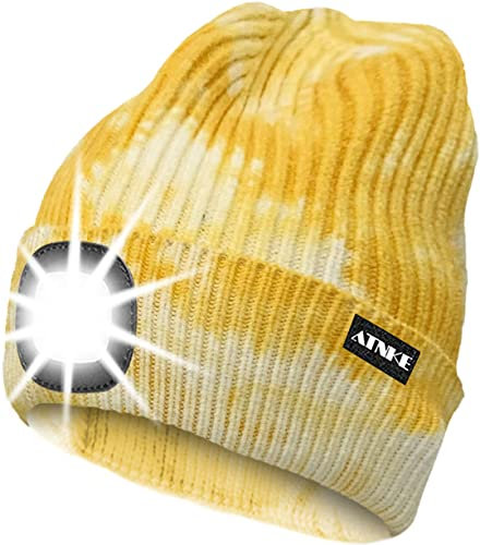ATNKE LED Beleuchtete Mütze,Wiederaufladbare USB Laufmütze mit Licht Extrem Heller 4 LED Lampe Winter Warme Stirnlampe für Herren und Damen Geschenke/Tie Dye Yellow