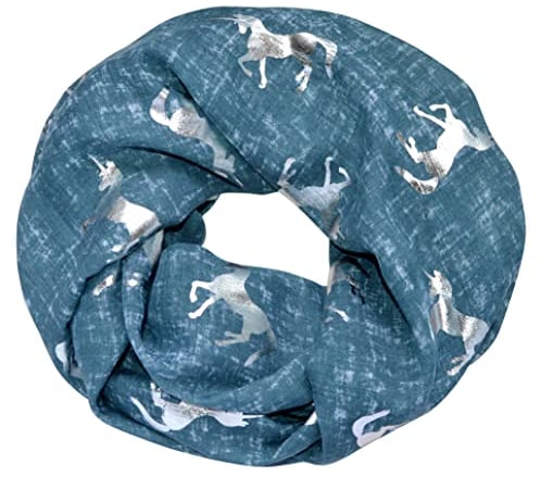 thb Richter Loopschal Meliert Schlauchschal mit Einhorn Unicorn Muster Pferd Horse Metallic Aufdruck Silber Glitzer Glanz Glänzend Rundschal Weich Soft Schals Tücher (Grün)