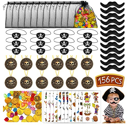 Leesgel Piraten Party Mitgebsel, 156 Stück Piraten Accessoires mit Piraten Augenklappe Edelsteine Münzen Ringe Schnurrbart Temporäre Tattoos, Piraten Spielzeug Geschenke Kinder Geburtstag Party Deko