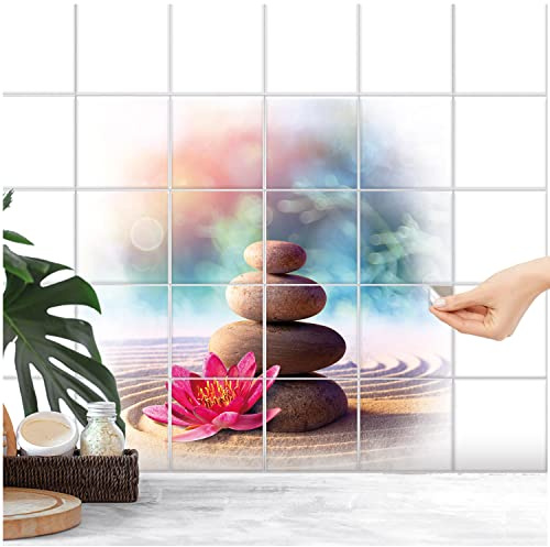 FoLIESEN Fliesenaufkleber - Deko-Bild für Bad, Küche, Badezimmer - Dekoration Fliesen-Bild selbstklebend - Lotusblüte und Zensteine, Fliese - Bild (BxH):15x15 cm - 3 Stück