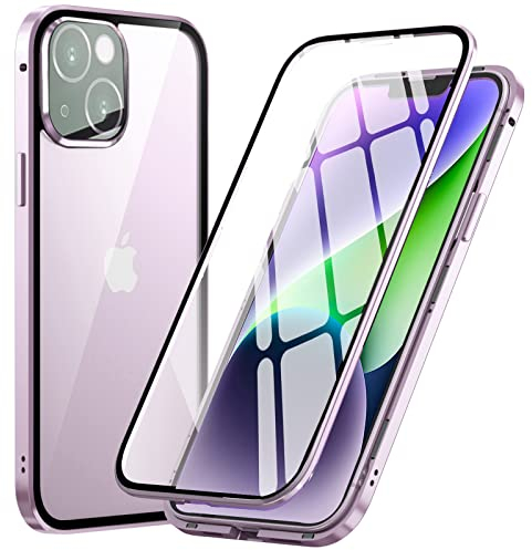 MIMGOAL Hülle für iPhone 14,Magnetische Adsorption Metallrahmen 360 Grad Full Body Handyhülle Vorne hinten Gehärtetes Glas Ganzkörper Schutzhülle Einteiliges Dünn Transparente Cover,Violett
