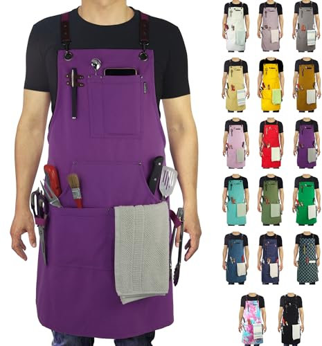 Stenffy Kitchen Apron, Work Apron, Canvas, Multiple Pockets, Gardening, Painting, BBQ, Carpenter, Sizes M to XXL, Purple