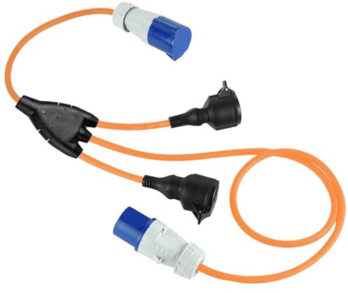Câble d'extension 3P 16 A en T pour caravane avec 2 prises Schuko + 1 prise CEE industrielle pour l'extérieur IP44