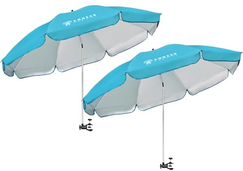 AMMSUN XL Chair Umbrella with Universal Clamp Adjustable 52 inches and 360-degree Swivel UPF 50+, Portable Clamp on Camping or Beach Chair, Stroller, Wheelchair, Golf cart, Bright Blue, 2 PACK