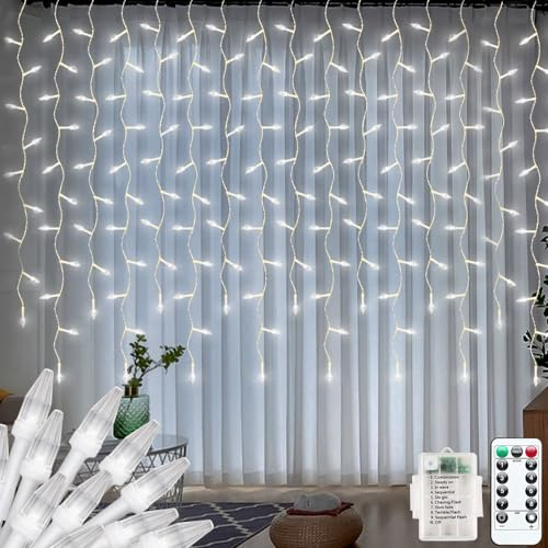 Tenda luminosa per esterni, 3 x 1 m, mini catena luminosa a LED, alimentata a batteria, luci a cascata, luci interne, cavo bianco, albero di Natale (bianco)