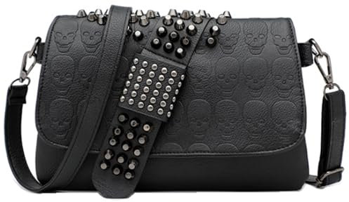 RainboSee Damen Punk Totenkopf Schulter Top Griff Tasche Nieten Geldbörse Handtasche Kette Satchel Tote, Totenkopf-Nieten