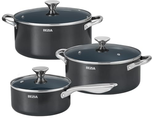 Induction Cookware Set 6-Piece, Stackable Kitchen Cooking Pots Set, 6qt 4.8qt & 2qt Pots with Lids, Dishwasher Safe & Oven Safe, Compatible with All Stoves, Black