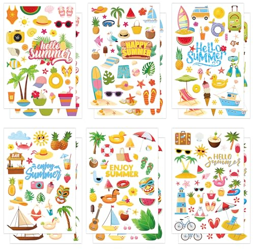 344 Stück Sommer Aufkleber für Kinder, 12 Blatt Cartoon Urlaubsaufkleber Pool Ananas Sonne Bunte Strandaufkleber für Hawaii Partygeschenke, Urlaub, Scrapbooking, Tagebuch, Basteln