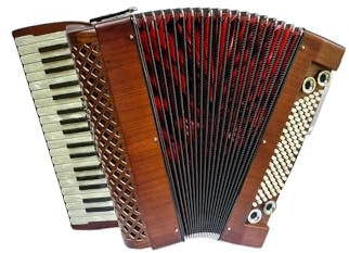 WoidBua Akkordeon 96 Helikon Nuss-Natura – Pianoakkordeon mit 38 Tasten, 7 Registern, Helikonbass, italienische Stimmen – inkl. Trolleykoffer & Riemen – Nussbaum, rot, handgefertigt