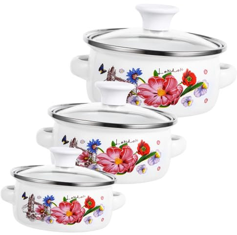 BCOATH 3Pcs Enamel Soup Pot Set Double Handle Saucepan with Flat Bottom Decorative Enamel Stockpot for Stove Top Cooking for Soups and Stews Floral Design