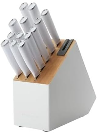 KitchenAid Classic Slim Messerblock Set mit integriertem Messerschärfer, High Carbon Edelstahl Küchenmesser, Scharfes Küchenmesser Set mit Block, 14-teilig, Weiß
