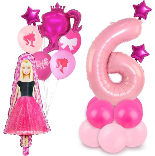Rosa Prinzessin Luftballons Geburtstag Deko 6 Jahre Madchen Bar-Bi Geburtstagsdeko 6 Jahr BarBi Ballon Deko 6. Geburtstag Folienballons Banner Girlande für Girl Kindergeburtstag Party Supplies Deko