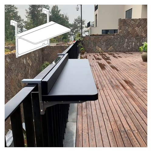 Verstellbarer Beistelltisch zum Aufhängen für den Innen- und Außenbereich, Wandmontage, Terrassen-Gartentisch, Aluminium, Metall, Balkongeländer, Tisch, Schwarz (80 x 39 cm)