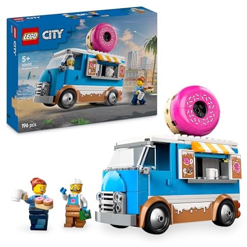 LEGO City Le Food-Truck de Donuts - Véhicule Mobile pour garçons et Filles dès 5 Ans avec Machine à café et Caisse enregistreuse - Minifigurines de Marchand et de cliente - Idée Cadeau Amusante 60452