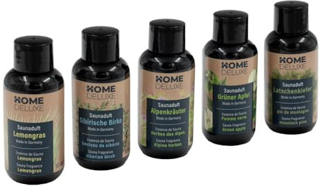 Home Deluxe - Juego de 5 aromas para sauna, manzana verde, hierba de limón, pino de montaña, abedul siberiano, hierbas alpinas, 50 ml cada uno. Infusión de sauna