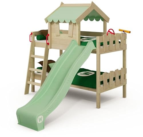 Wickey Culla Crazy Fancy – Lettino a castello per bambini in legno massello con tettuccio – 90 x 200 cm – Telo verde pastello