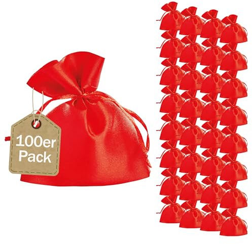 SPRINTIS Satinsäckchen rot, 8 x 10 cm (100 Stück) - edle Geschenkbeutel mit Satinband – wiederverwendbare Schmuckbeutel, perfekt für Weihnachten und Hochzeit