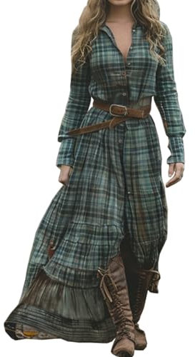 XUSAI Vert,L,Robe Chemise à Manches Longues à Carreaux Vintage des années 70 pour Femme Robe Maxi Pastorale de Campagne Occidentale Robe Longue décontractée Ample