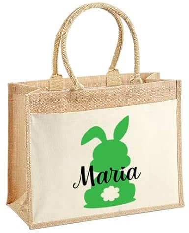 LIEBTASTISCH Ostern - Jutetaschen - Personalisiert - Geschenkverpackung - Osternest - Osterkorb - Hase - Osterkorb - Geschenktüte - Frohe Ostern (Grün, L (42x33x19 cm))
