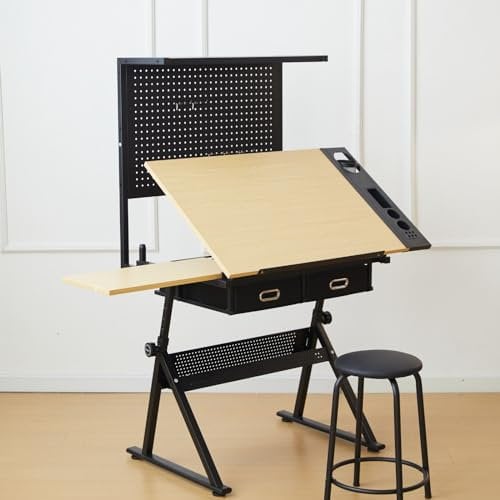 QAZXDRFG Verstellbarer Zeichentisch mit Hocker und Ablage, Schreibtischoberfläche von 0 bis 75° neigbar, inklusive Metallrückwand und Schubladen aus Vliesstoff