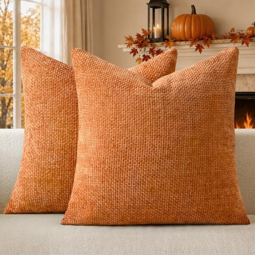 a moment Kissenbezug Herbst 50x50 Orange Chenille 2er Set Kissenbezüge | Sofakissen Zierkissen Couchkissen Muster Deko Waschbar Flauschig Dekorative Kissenhülle für Sofa Wohnzimmer Schlafzimmer