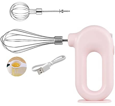 Cordless Hand Mixer, Electric Handheld Mixer Electric Whisk 4 Speed Adjustable Mini Egg Beater for Kitchen USB Charing 1500mAh Lightweight Portable (Pink)