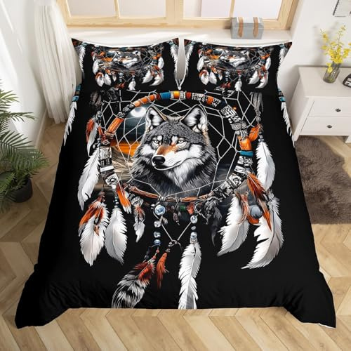 Homewish Wolf Bettwäscheset Feder Traumfänger Bettbezug Set 155x220 für Kinder Jungen Mädchen Jugendliche,Moderne Exotisch Wildtiere Ästhetisch Bettwäsche Tierliebhaber Schlafzimmer Dekor Mikrofaser
