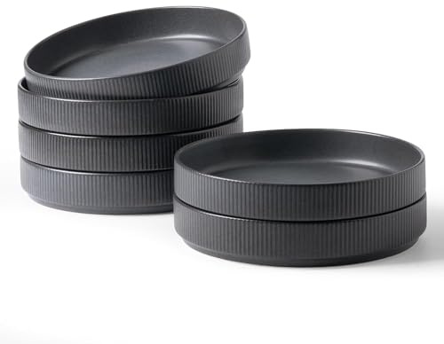 Richmount Star Keramikschalen Set 6, 21cm Pastateller Groß Tief, Suppenteller für Salat Dessert, Matt Schwarz​