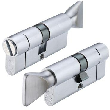Kooples Hardware V5 Euro Profile Cylinder with Coin Release – 5-Pin Thumbturn Lock with Emergency Slot – Internal Privacy Lock for Bathroom (Euro - Keyed to Differ (E), Satin Chrome, 70mm)