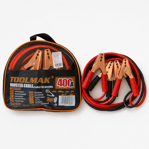 TOOLMAK Câbles de Démarrage Batterie Voiture 400 A, Longueur 3 m | Pinces Rouge et Noire, Câbles de Batterie avec Sac de Rangement pour Auto, Moto et Utilitaire