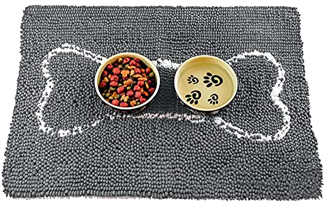 Soggy Doggy Slopmat - Gray/Light Gray Bone - 18” x 24″ - Water Absorbing Door Mat for Muddy Paws and Food/Water Bowls - Microfiber Chenille Small Doormat - Machine Washable