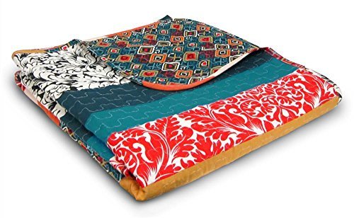 Lush Decor Boho Stripe Reversible Cotton Throw Blanket, 50 W x 60 L, Turquoise & Tangerine - Striped Throw Blankets for Bed - Couch Blanket - Boho Throw Blanket for Couch