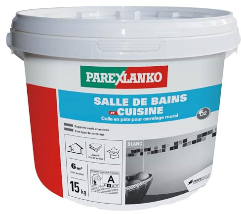 Parexlanko, Salle de bains et cuisine, Colle carrelage en pâte pour mur intérieur spécial pièces humides, 15kg
