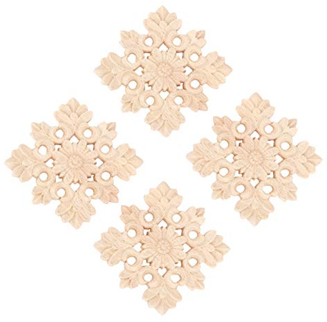 MUXSAM Quadratische Geschnitzte Holzapplikationen Unlackiert | Eiche Holz Skulptur für Dekoration, Möbelaufkleber, Ecktüren, Schubladen, Decke, Handgefertigt, 8x8 cm 4 Stück