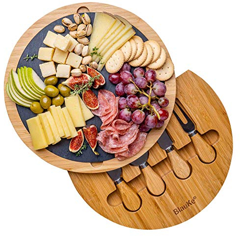 BlauKe Plateau à Fromages en Bois avec Couteaux à Fromage et Ardoise Amovible – Plateau à Fromage en Bambou Tournant Rotatif Pivotant pour 2-3 Personnes – Excellente Idée Cadeau