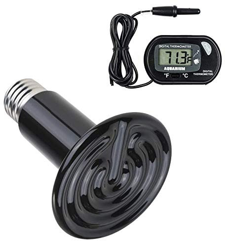 POFET Lampada riscaldante Rettile da 75 W con Un termometro Digitale, Riscaldamento a infrarossi in Ceramica, emettitore di lampade Senza Luce 220-230 V (Nero)