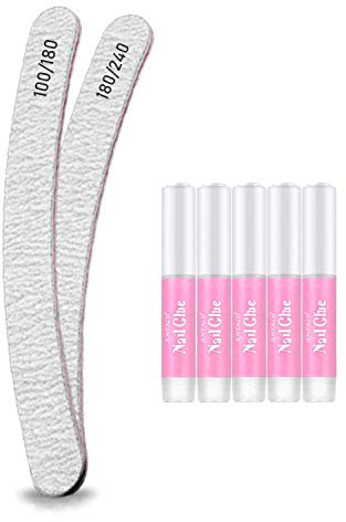 5pcs Nail Glues Extra Strong Quick Dry Adhesive For Natural or False Nails, Art, Tips, Acrylic, Gel, to stick Diamonds Glitter Rhinestones, transparent colour +2 Curved - Banana Nail Files