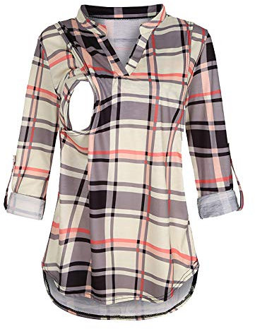 FEESHOW Femmes Chemise d'allaitement à Manches Longue Femme Enceinte Grossesse Chemise de Nuit à Carreaux Printemps Eté Vêtement De Grossesse Grande Taille Champagne Plaid S