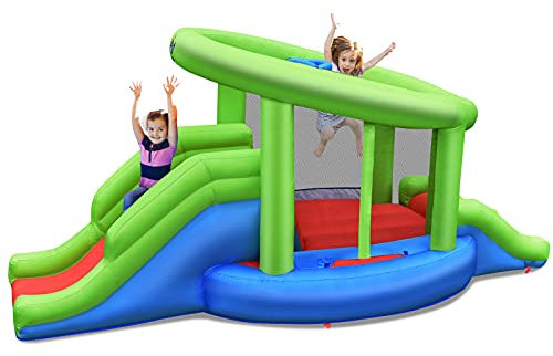 COSTWAY Kids Bouncy Castle, Inflatable Jumper House with Double Slides, Basketball Hoop, Climbing Wall and Jumping Area for Indoor Outdoor (4 x 2 x 2m)