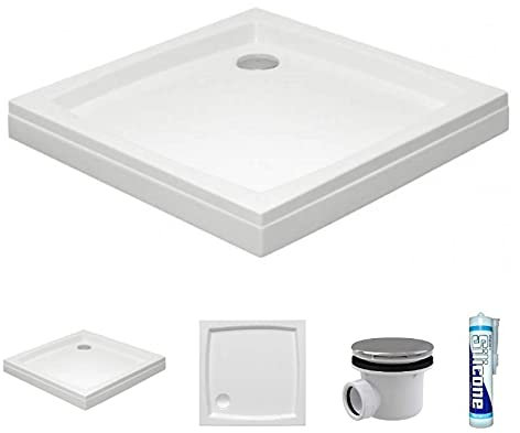 ECOLAM Receveur de Douche carré Patio2 80x80 cm, Hauteur 16 cm, Profondeur 5 cm, Tablier Acrylique Amovible, Siphon, Silicone