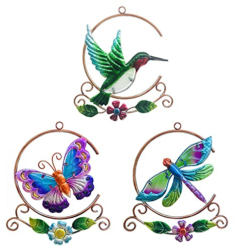 J-Fly Metal Hummingbird Dragonfly Butterfly Wall Art Decor Hand-Made Wall Sculpture Decoration For Living Room Bedroom Garden Porch Patio Ornament For Indoor And Outdoor, 3 Pack 9 Inch, Gifts For Mom