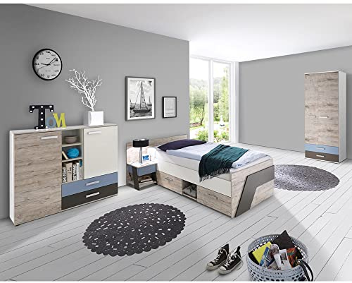 Jugendzimmer Kinderzimmer Set, Sandeiche weiß Lava blau, 90 x 200 cm Jugendbett, Kleiderschrank, Nachttisch, Kommode