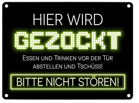 Hier wird gezockt Metallschild in 15x20 cm für Gamer in gelb lustige Geschenkidee für Jungen und Mädchen die Computerspiele lieben und am liebsten den ganzen Tag zocken würden