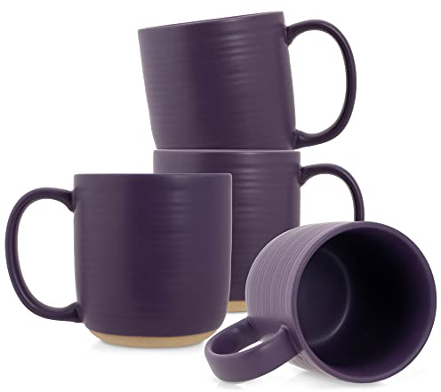 Elanze Designs Gerippte Keramik-Kaffeebecher aus Steingut, 370 ml, Roher Tonboden, Violett, 4 Stück