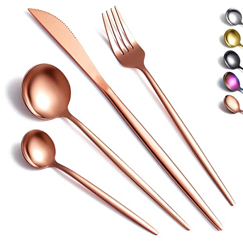 Kyraton Rosegold Cutlery Set 16 Pieces, Stainless Steel Flatware Set, Titanium Plating Rosegold Silverware Set Strong Anti Rust, Dishwasher Safe, Tableware Set Serving 4 People.